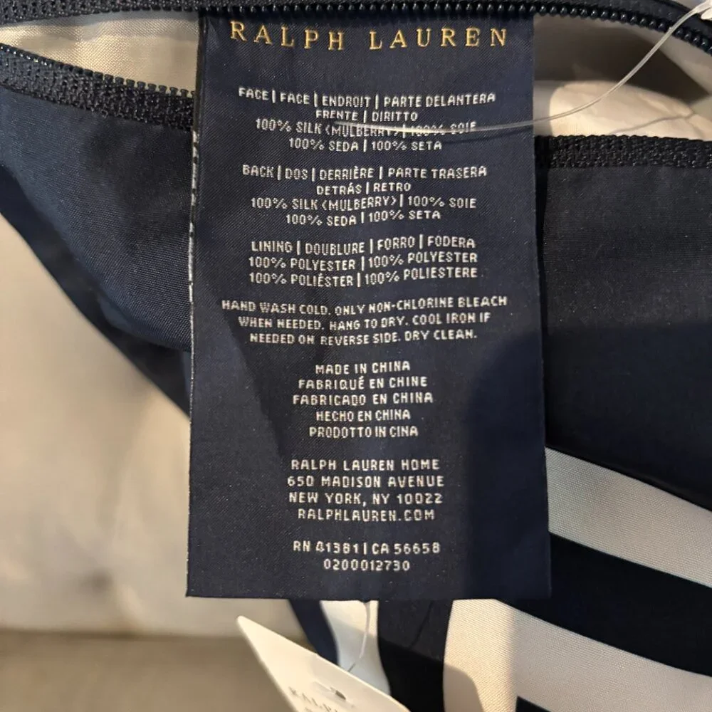 NWT Ralph Lauren 100% Silk Deerfield Pillow Cover White Navy Border 24x24‎ 2 Set